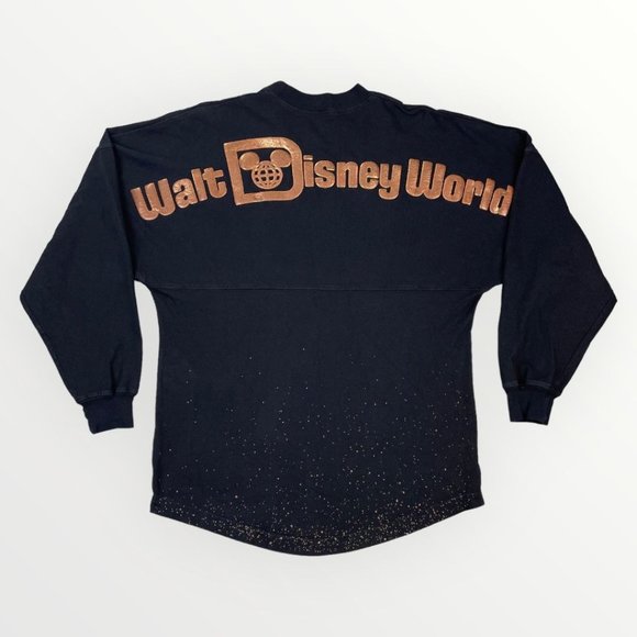 Disney Tops - WALT DISNEY WORLD SPIRIT JERSEY Womens Black Shirt Bronze Puff Print Splatter XS